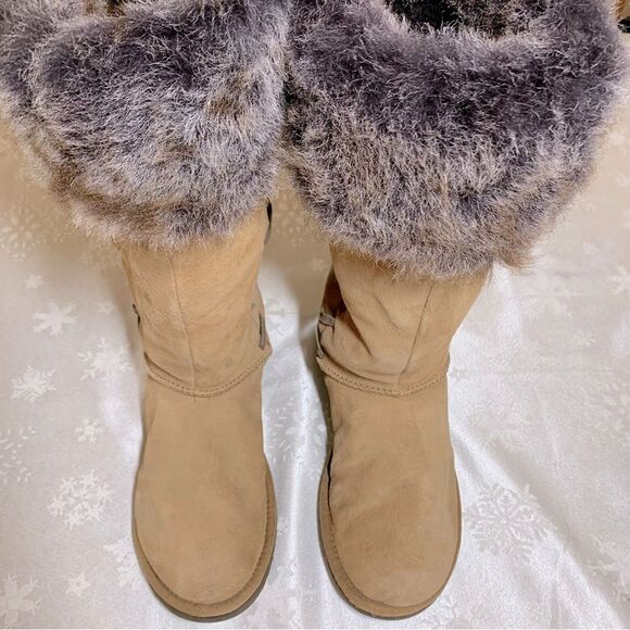 UGG Tall Boots Rosanna 1008044 Tan Leather Faux Fur Spots Preowned Wear Sz 7 - Picture 1 of 9